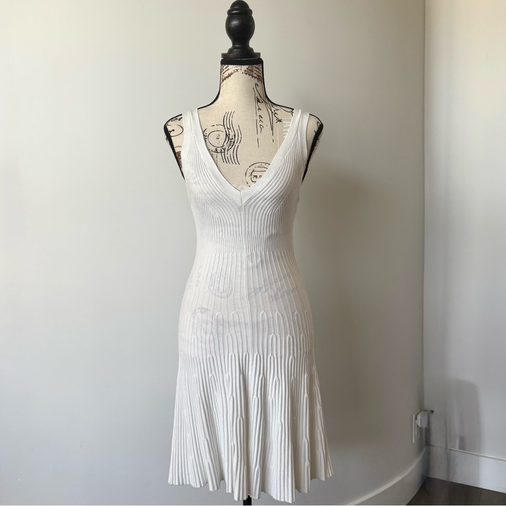 Vintage Express Ivory Ribbed Knit Midi Dress Fit and Flare